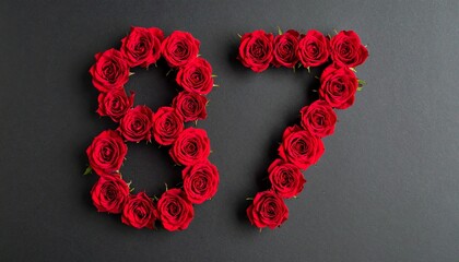 Number 87 made out of red roses with black background. Photo for birthday or anniversary party