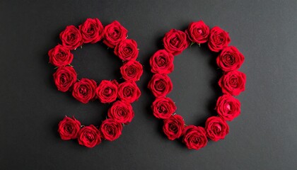 Number 90 made out of red roses with black background. Photo for birthday or anniversary party