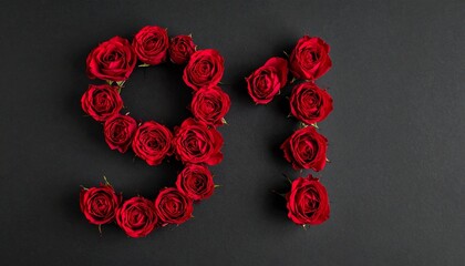 Number 91 made out of red roses with black background. Photo for birthday or anniversary party