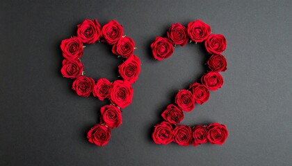 Number 92 made out of red roses with black background. Photo for birthday or anniversary party