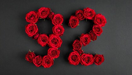 Number 92 made out of red roses with black background. Photo for birthday or anniversary party