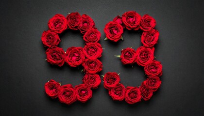 Number 93 made out of red roses with black background. Photo for birthday or anniversary party