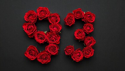 Number 93 made out of red roses with black background. Photo for birthday or anniversary party