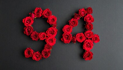 Number 94 made out of red roses with black background. Photo for birthday or anniversary party