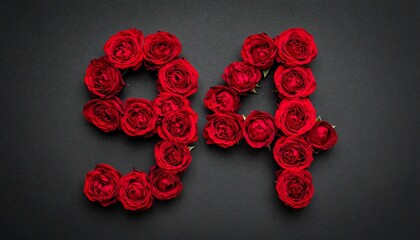 Number 94 made out of red roses with black background. Photo for birthday or anniversary party
