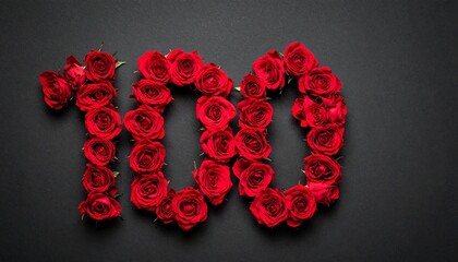 Number 100 made out of red roses with black background. Photo for birthday or anniversary party