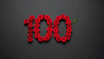 Number 100 made out of red roses with black background. Photo for birthday or anniversary party