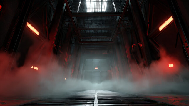 Moody futuristic industrial corridor with smoke and red ambient lighting. - Powered by Adobe