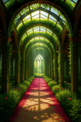 Obraz premium Emerald Cathedral of Petals: Where Sunlight Writes Love Letters on a Rose-Paved Aisle