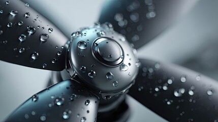 Propeller with Raindrops: A close-up view of a sleek, modern propeller, adorned with glistening raindrops, symbolizing efficiency and technological innovation.