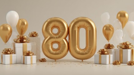 Golden balloons displaying the number 80 with gifts, ribbons, and balloons uplifting the celebration of an eightieth birthday or anniversary in a festive setting