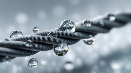 Dewdrops on steel rope: A macro shot captures the captivating interplay of light and shadow, emphasizing the strength and resilience of steel as water droplets create intricate reflections.