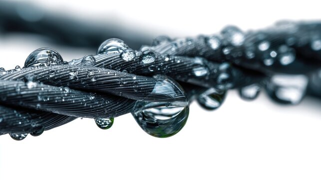 Rain-Kissed Rope: a close-up shot capturing the intricate texture of a wet rope, glistening with droplets of water and showcasing the beauty of a rainy day.