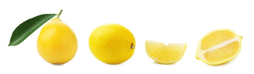 Fresh lemon isolated on white, whole and sliced. Citrus fruit