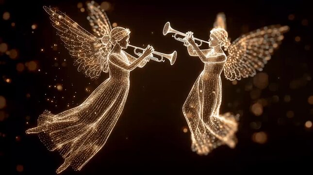Golden angels playing trumpets. Heavenly angels play trumpets with a magical shimmering light effect. Christmas animation.