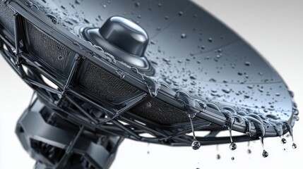 Rain-Kissed Communication: A close-up of a satellite dish, adorned with water droplets. This image captures the essence of communication in challenging conditions.