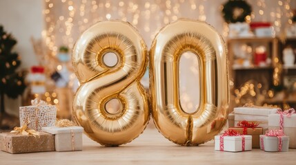 Golden 80 Balloon Display Surrounded by Gifts at a Festive Celebration with Sparkling Lights and Holiday Decor for Milestone Birthday Events