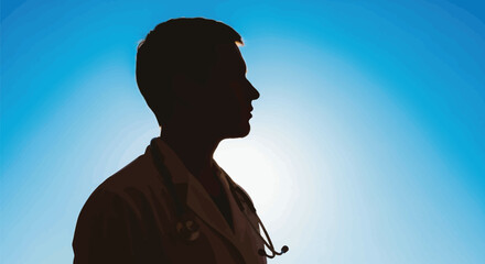 Silhouette of a doctor against a bright blue sky looking towards the future