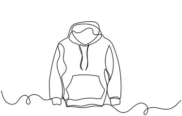 Continuous line drawing of a hoodie jacket, winter clothing with drawstrings. showcasing simple modern fashion in a clean and artistic style.Clothes, Coats, dresses, trousers, line art.