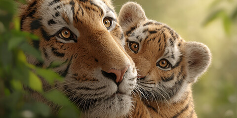 Fototapeta premium Closeup of a loving tiger mother embracing her cub in a lush jungle Concept of wildlife, family, protection, and maternal love in the animal kingdom
