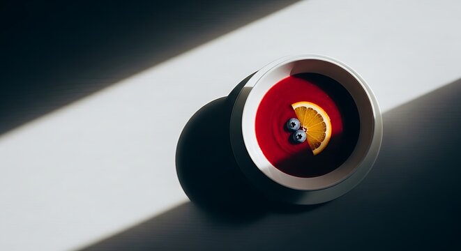 Vibrant Red Soup with Blueberry and Orange Slice Garnishes in a Bowl, Illuminated by Sunlight