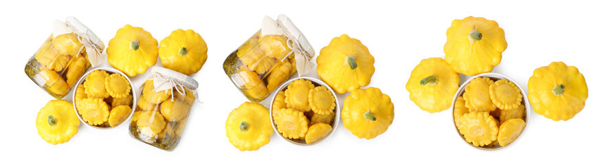 Marinated pattypan squashes isolated on white, set. Top view