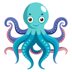 Friendly cartoon octopus with blue body and purple tentacles smiling