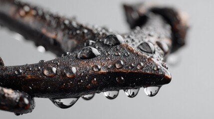 Iron Work Detail: Close-up focus on iron chain, water droplets cascade off the metallic surface. Revealing details in the interplay of light and shadow.