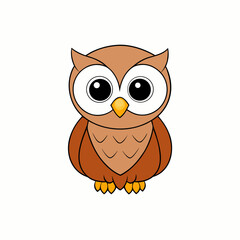 Adorable cartoon owl with big eyes and orange beak on white background