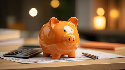 Bright orange ceramic container sits on a wooden desk near accounting materials under soft indoor lighting.