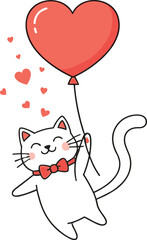 Adorable cartoon white cat flying with red heart balloon, smiling with bow tie, love and joy vector on white background