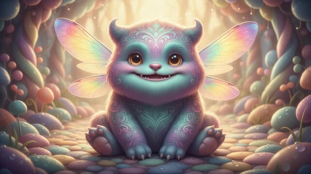 ein kleines niedliches buntes Monster mit kleinen H&ouml;rnern und Fl&uuml;geln sitzt in einer Fantasieh&ouml;hle und zieht eine Grimasse