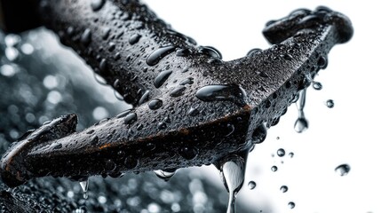 Ancient Anchor in the Tempest: An aged, weathered anchor endures a tempest, adorned with droplets, hinting at journeys across vast seas and tales of the deep.