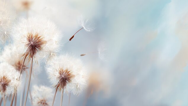 Fluffy dandelion clocks with drifting seeds against a soft blue and white background