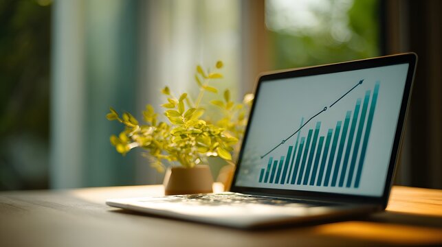 Modern portable computer displays rising bar and line chart demonstrating financial progress