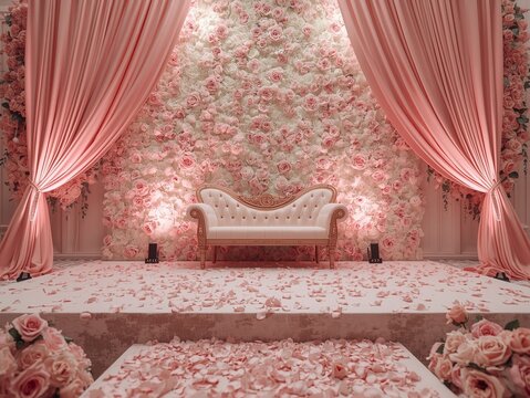 Celebrate romance with this stunning rose backdrop and elegant couch perfect for weddings, anniversaries, and unforgettable special event photography