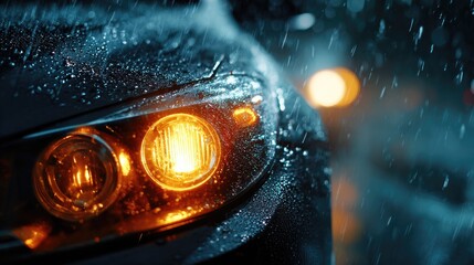 Illuminated Journey: A sleek car headlight cutting through a rain-soaked night, illuminating the way forward with its warm glow.