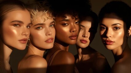 Five diverse women with glowing makeup pose closely together under warm, dramatic lighting against a dark background.