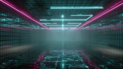 Abstract neon tunnel with futuristic glowing lights and reflections.