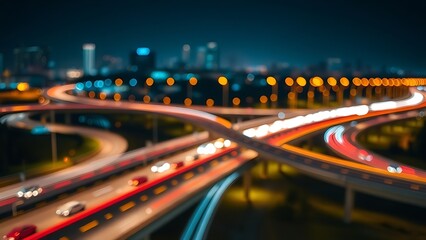interchange. A bustling city highway interchange at night, illuminated by glowing lights and abstract traffic patterns. mobility guides.