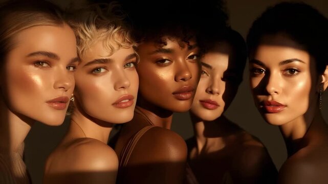 Five diverse women with glowing makeup pose closely together under warm, dramatic lighting against a dark background. - Powered by Adobe