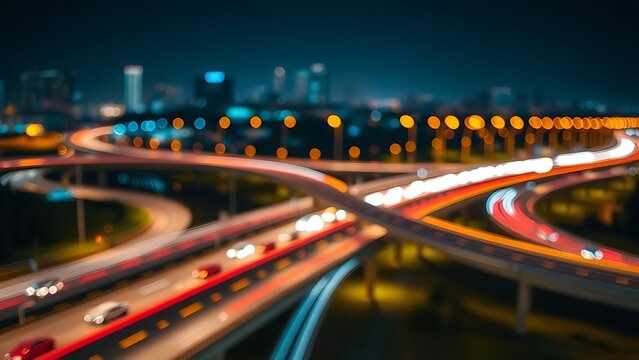 interchange. A bustling city highway interchange at night, illuminated by glowing lights and abstract traffic patterns. mobility guides.