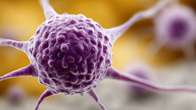 Close-up of a purple cell structure with spiky extensions. - Powered by Adobe