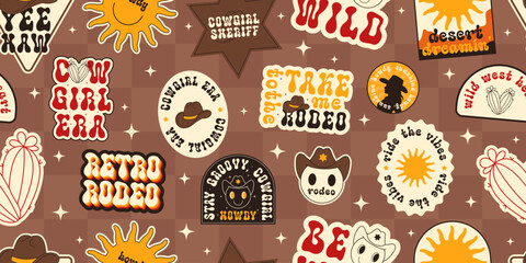 Cowgirl Stickers Seamless Pattern Background. Vector Design Elements. Wild West, Western Themed, Retro.