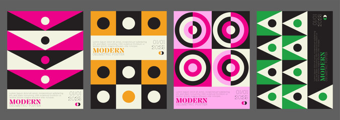 Set Of Swiss Design Inspired Posters Vector Illustration. Cool Geometric Abstract Modernist Placards.