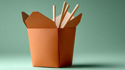 Orange takeout box with chopsticks against green background.