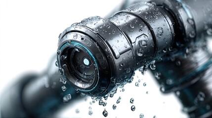 Mechanical Marvel: A close-up view of a metallic mechanism, glistening with droplets, showcasing intricate engineering and precise design.