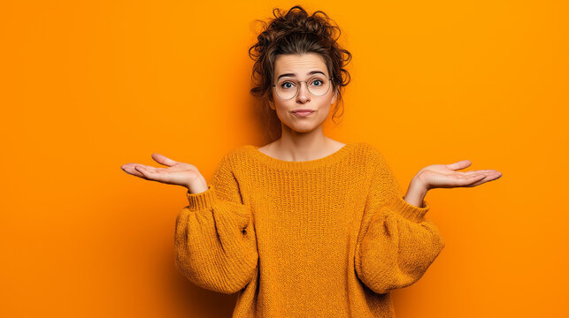 Confused Woman with Hands Outstretched Against a Bright Orange Background