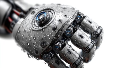 Cybernetic Hand's Power: A detailed close-up reveals the intricate mechanisms of a robotic hand, with water droplets adding a dynamic and futuristic aesthetic.