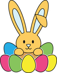 Adorable yellow Easter bunny sitting with colorful decorated eggs, spring holiday celebration, cheerful cartoon character, festive artwork, cad drawing flat vector illustration